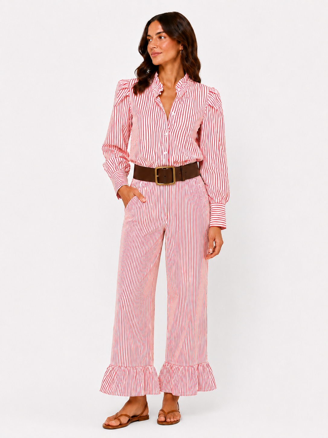 Pantalón rayas rojas con volante
